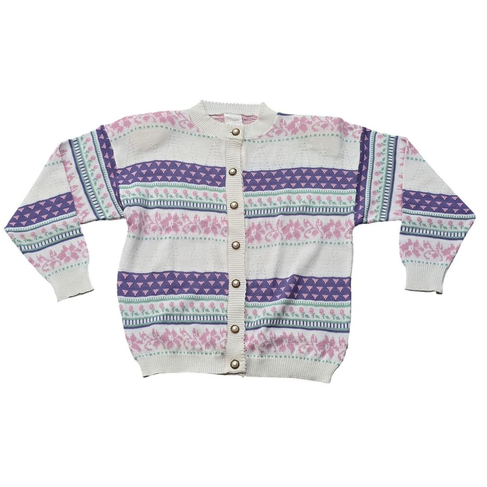 Vintage Abstract Floral Pastel Cardigan Sweater Gold Button Shoulder Pads